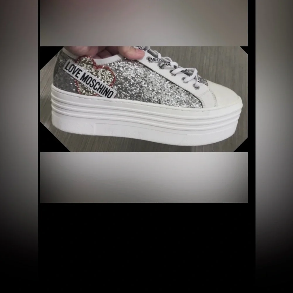 Love Moschino Silver Glitter Leather platform sneakers in White EU Size 38 = 8